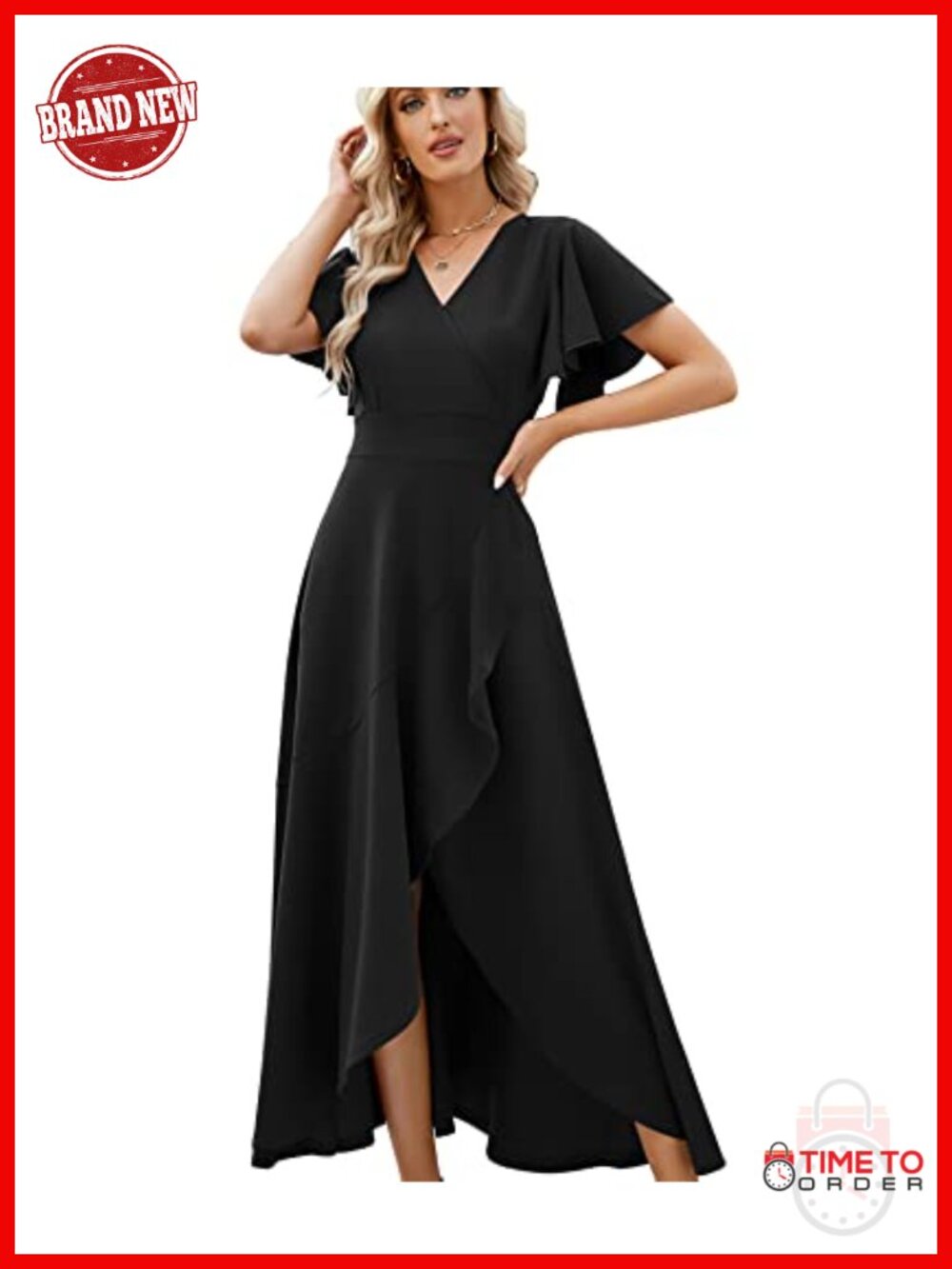 Womens Formal Evening Gown V-Neck Flare Sleeve Maxi Dress Wedding Guest